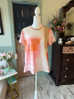 Chico's Short Sleeve Crewneck Top in Pink, Orange & Cream Brushstroke Print